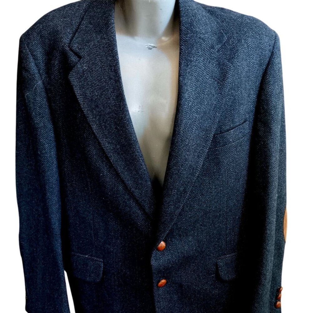 44R Vintage Mens Wool Blazer Suede Elbow Patches Dobbshire USA Herringbone 80's